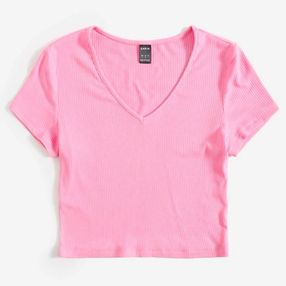 V Neck Rib Knit Fitted Tee
